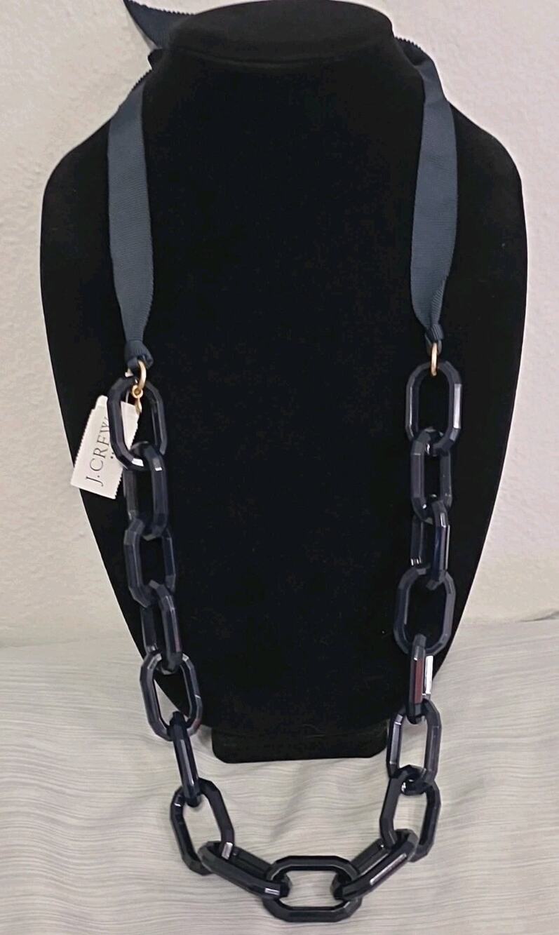 J. Crew Signed Chunky Blue-Black Acrylic Chain Link Necklace Ribbon Tie Back NWT